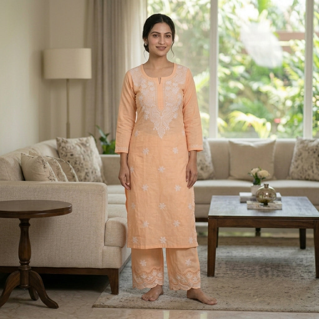 Elegant Peach Lucknowi Chikan Embroidered Suit Set for Women