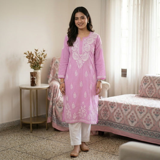 Elegant Pink Lucknowi Chikan Embroidered Kurti for Women