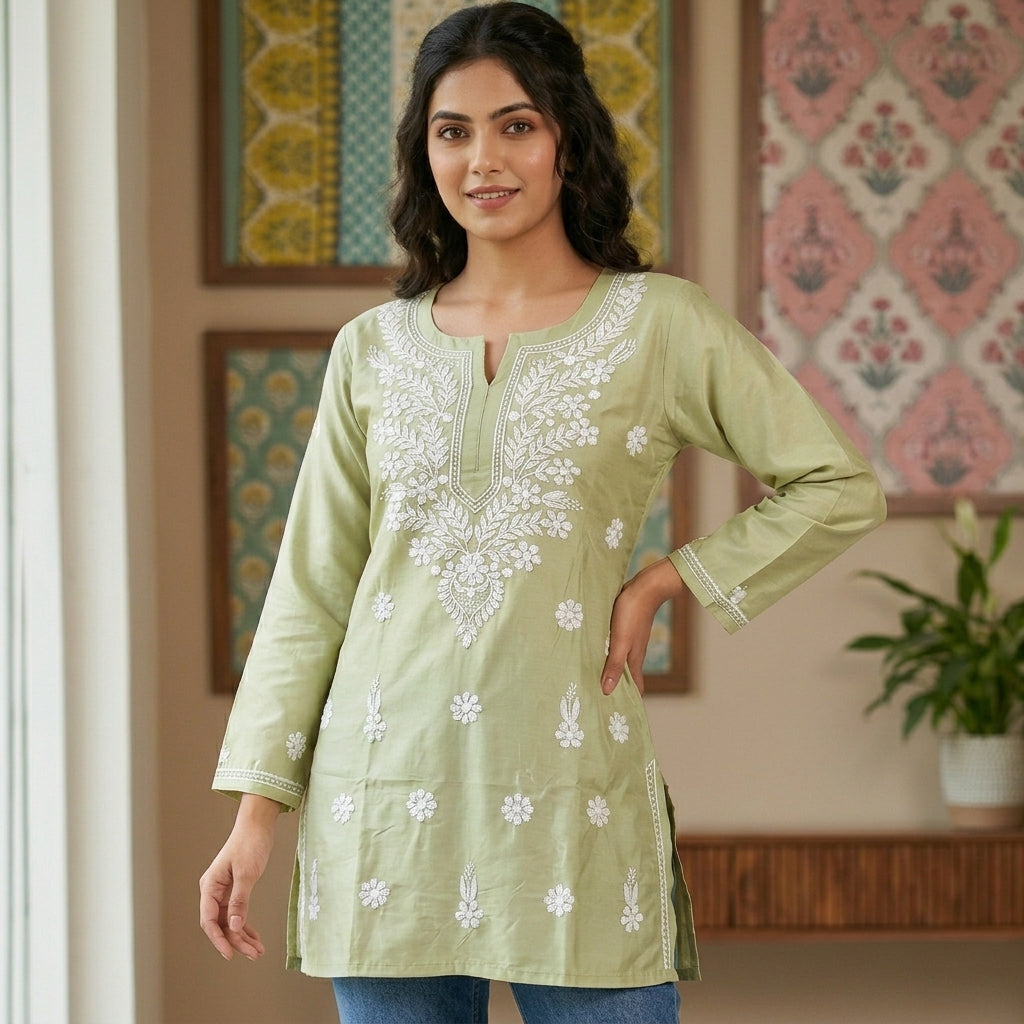Stylish Green Lucknowi Chikan Short Kurti for Women