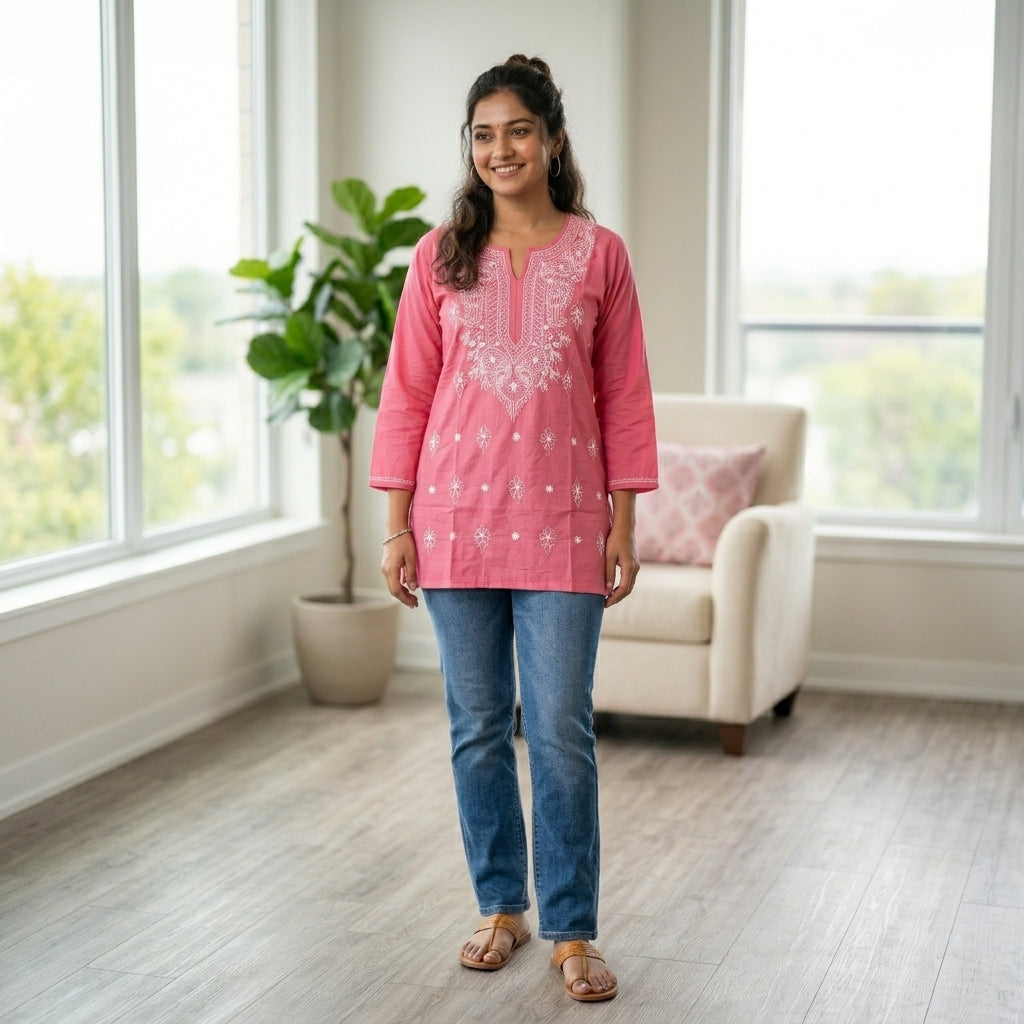 Elegant Dark Pink Lucknowi Chikan Short Kurti for Women