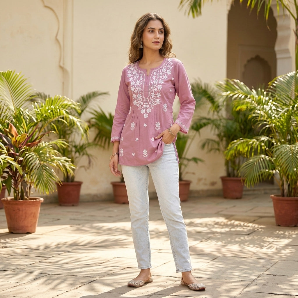 Elegant Purple Lucknowi Chikan Short Kurti for Women