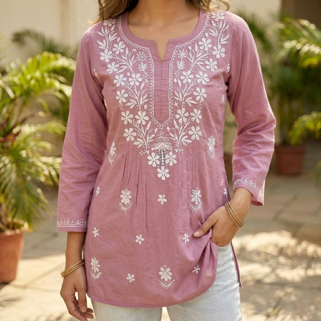 Elegant Purple Lucknowi Chikan Short Kurti for Women