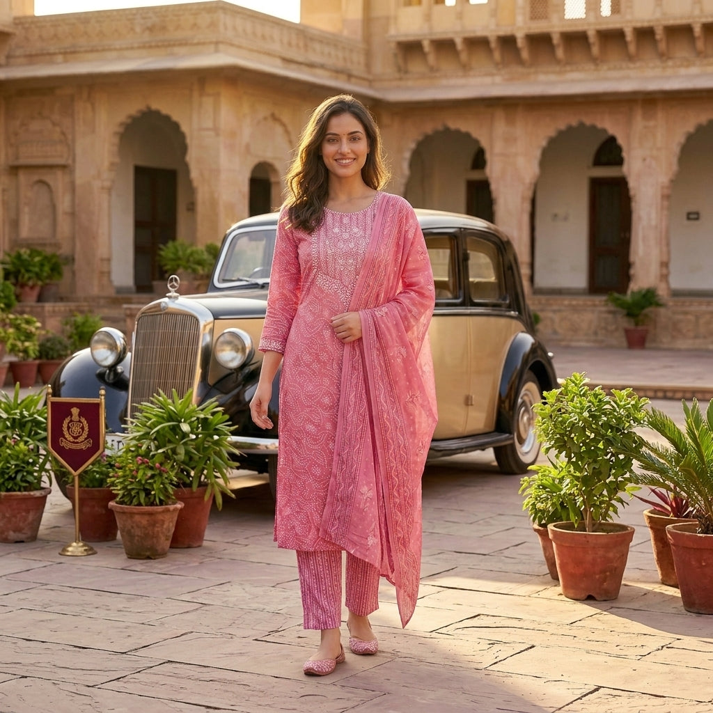 Elegant Pink Cotton Suit Set for Women