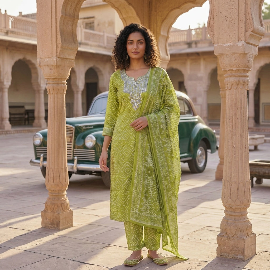 Elegant Green Cotton Suit Set for Women | Soft, Breathable & Comfortable