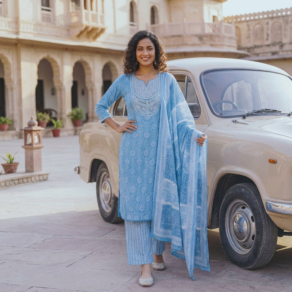Graceful Sky Blue Cotton Suit Set for Women | Soft, Breathable & Comfortable