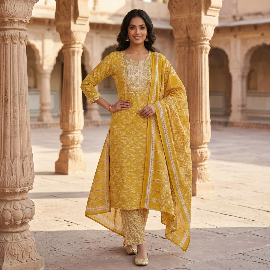 Radiant Yellow Cotton Suit Set for Women | Soft, Breathable & Comfortable