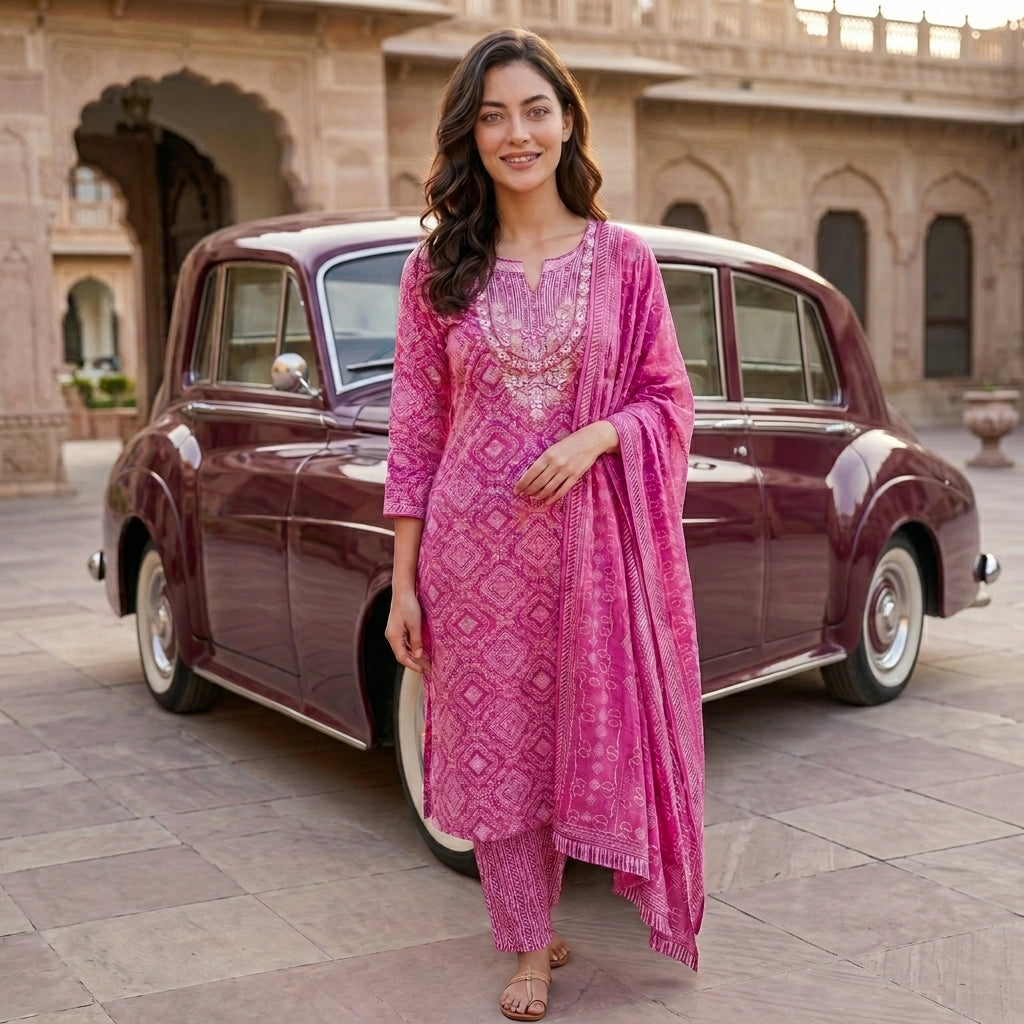 Elegant Magenta Pink Cotton Suit Set for Women | Soft, Breathable & Comfortable