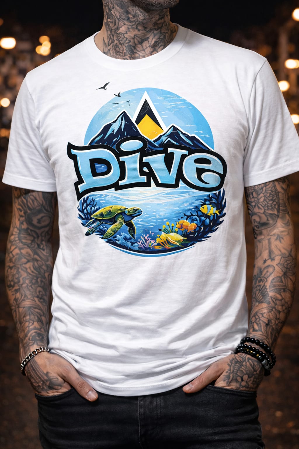 Ocean and mountain adventure tee with underwater sea life and tropical nature design