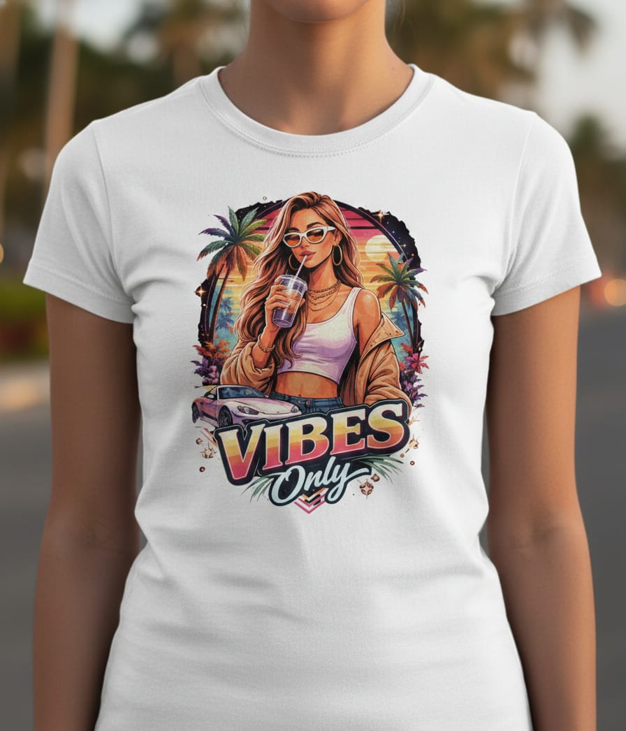 Tropical retro graphic tee with sunset, palm trees and laid-back summer aesthetic