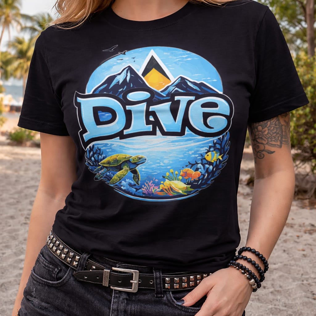 Dive Into Adventure graphic T-shirt with mountains, sea turtle, coral reef and ocean scene