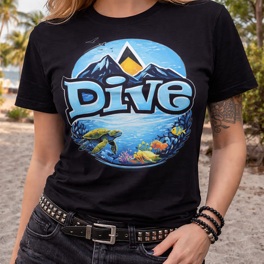 Dive Into Adventure graphic T-shirt with mountains, sea turtle, coral reef and ocean scene