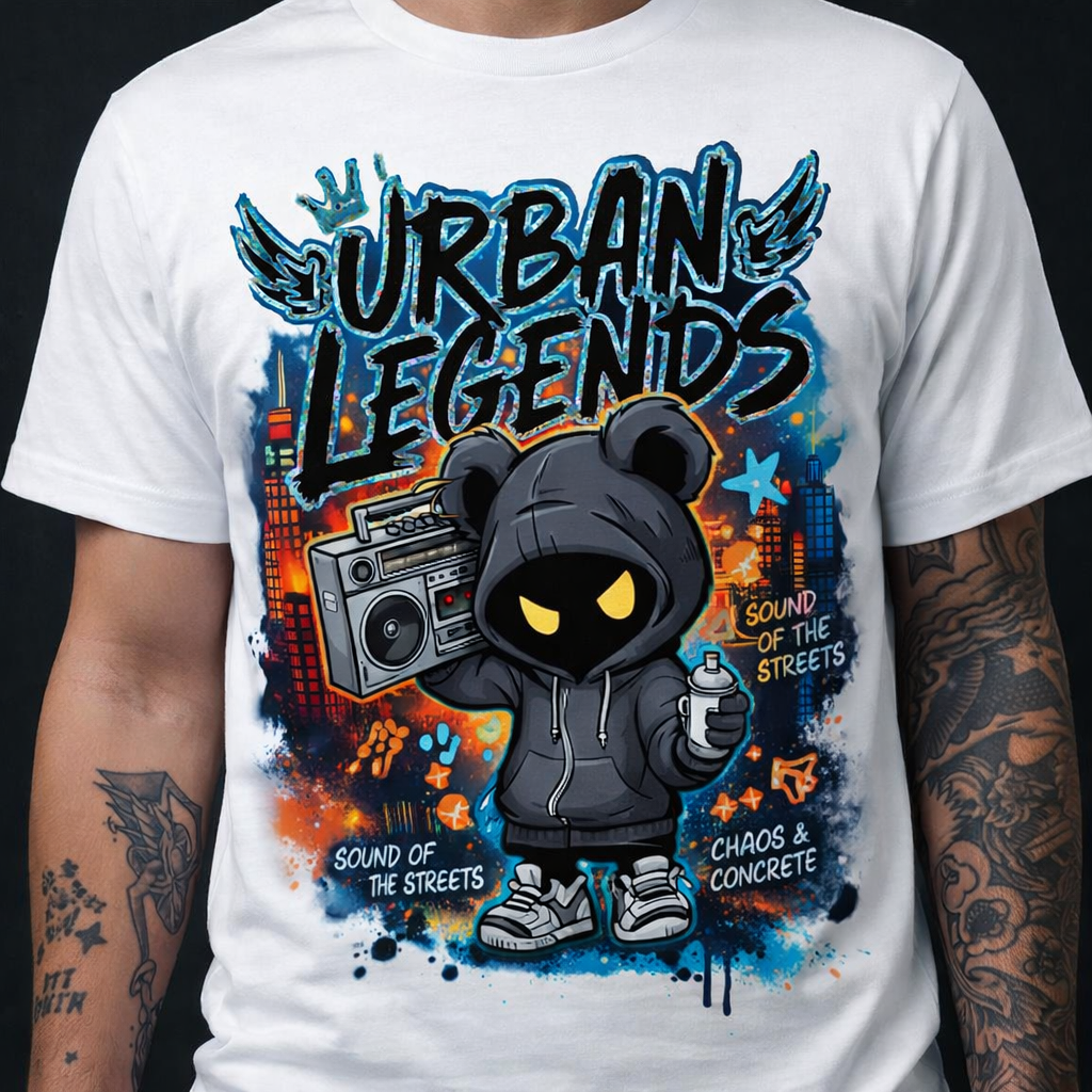 White cotton T-shirt with bold urban streetwear bear graphic holding boombox and spray paint
